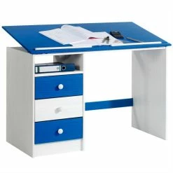 IDIMEX Kinderschreibtisch KEVIN Neigungsverstellbar Weiß/blau