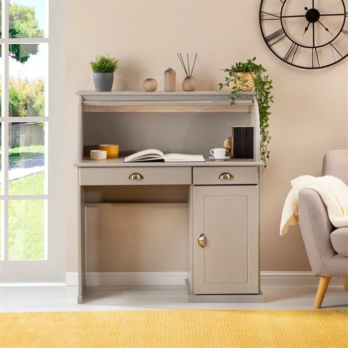 IDIMEX Sekretär TOM Mit 2 Schubladen, Rollladen Und 1 Tür Aus Massiver Kiefer In Grau 2 IDIMEX Sekretär TOM Mit 2 Schubladen, Rollladen Und 1 Tür Aus Massiver Kiefer In Grau – Bild 2