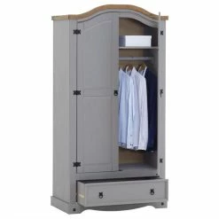 CARO-Möbel Kleiderschrank RAMON Im Mexiko Stil, Kiefer Massiv, Grau/natur -Günstiges Tische Geschäft 93083 2 N