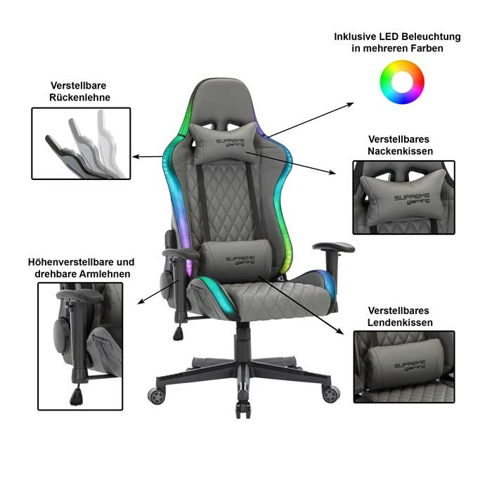 CARO-Möbel Gamingstuhl LEGEND In Grau, Mit LED Beleuchtung 2 CARO-Möbel Gamingstuhl LEGEND In Grau, Mit LED Beleuchtung – Bild 2