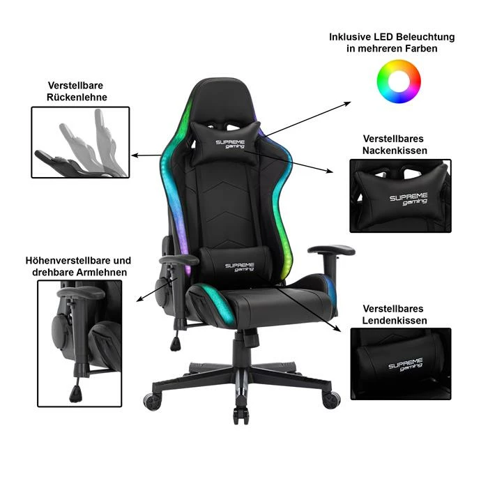 CARO-Möbel Gamingstuhl SKILLS Bezug Aus Lederimitat In Schwarz, Mit LED Beleuchtung 2 CARO-Möbel Gamingstuhl SKILLS Bezug Aus Lederimitat In Schwarz, Mit LED Beleuchtung – Bild 2