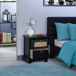 CARO-Möbel Nachttisch PADMA Mit 2 Schubladen Und Wiener Geflecht, Schwarz -Günstiges Tische Geschäft 95336 AC2