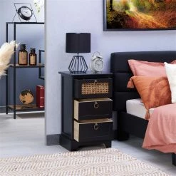 CARO-Möbel Nachttisch RAJA Mit 3 Schubladen Und Wiener Geflecht, Schwarz -Günstiges Tische Geschäft 95339 AC2