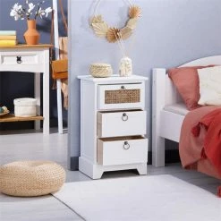 CARO-Möbel Nachttisch RAJA Mit 3 Schubladen Und Wiener Geflecht, Weiß -Günstiges Tische Geschäft 95341 AC2