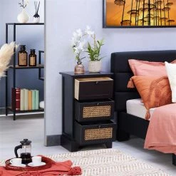 CARO-Möbel Nachttisch ROSHNI Mit 3 Schubladen Und Wiener Geflecht, Schwarz -Günstiges Tische Geschäft 95348 AC2