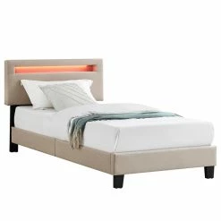 CARO-Möbel Polsterbett GLACE 90x200 Cm, LED Beleuchtung, Stoff Beige